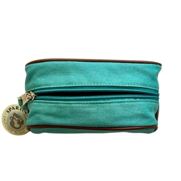 Spartina 449 Teal Linen and Leather Travel Pouch with Gold Embroidered Turtle